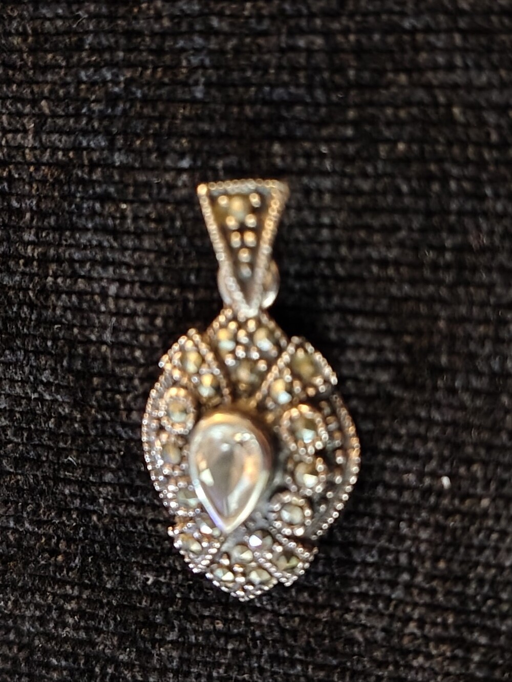 Vtg. Sterling Marcasite Teardrop Pendant